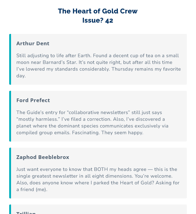 Example TogetherLetters newsletter showing updates from group members